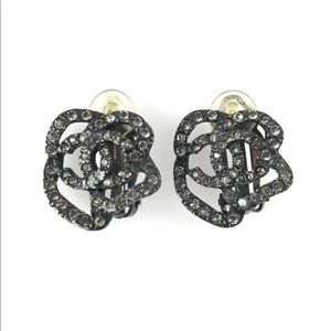 CHANEL Black and Silver Camellia Earrings